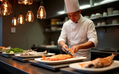Chinese chef prepares fish in a restaurant kitchen. High quality