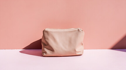 vanity. Cosmetic bag placed elegantly against a pink background, product showcase, clean and simple composition. lifestyle magazines.
