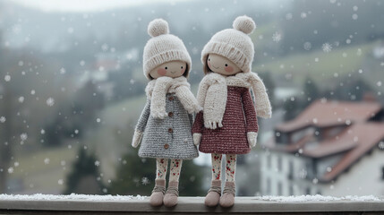 Adorable handmade dolls enjoy the snowfall together, perfect for winter holiday crafts and seasonal cheer