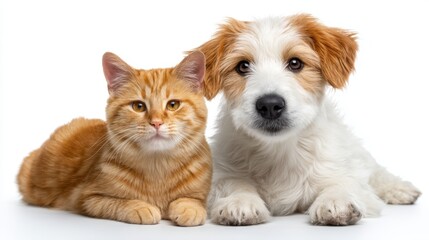An orange tabby cat relaxes next to a fluffy white and tan dog. They both look content and peaceful highlighting the bond that can exist between different pets.