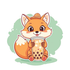 Fox Drinking Bubble Tea Vector Illustration