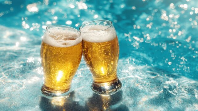 Two glasses of golden beer clink together in sparkling water surrounded by a bright sunlit pool area. It captures a joyful moment of summer relaxation.