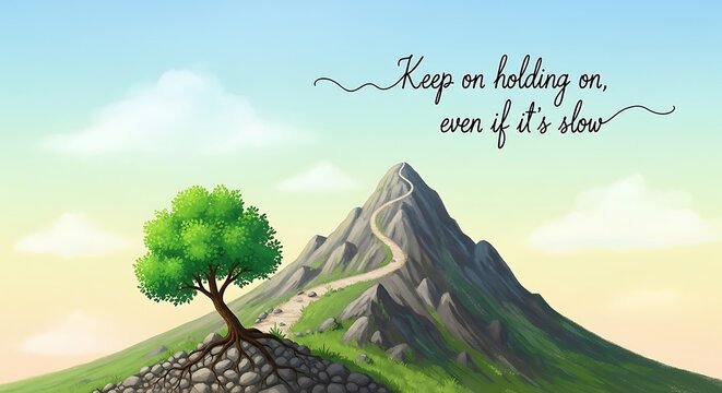 Inspirational Tree on Mountain Path with Motivational Quote.
