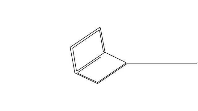 Single continuous line drawing of an open laptop computer animation video.