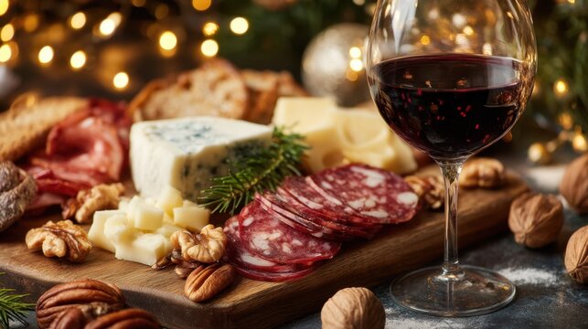 A beautifully arranged cheese and charcuterie board showcases various aged cheeses cured meats nuts and a glass of red wine. Festive lights add a warm glow for a holiday gathering. - Powered by Adobe