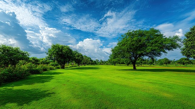 Summer Clear Sky Green Lawn Scene with Lush Trees & Cloudy Blue Sky for Outdoor Promotion, Nature Theme Design & Leisure Event Background