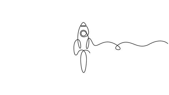 Continuous one-line drawing of a rocket or spaceship launching upwards 4k video animation