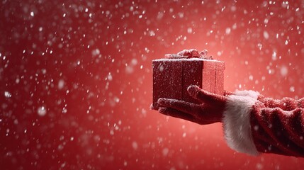 Christmas Snowy Red Gift Box Scene with Santa Glove & Snowfall for Festival Poster, Card Design & Christmas Event
