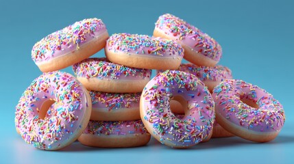 A stack of fresh donuts with pink icing and colorful sprinkles fills the frame against a bright blue background inviting anyone to indulge in these delicious treats.