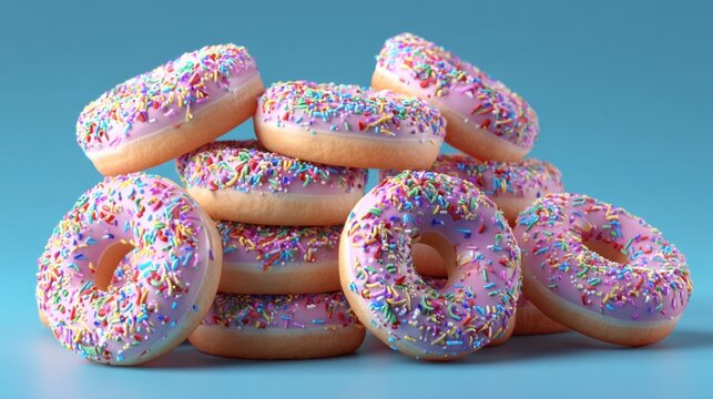 A stack of fresh donuts with pink icing and colorful sprinkles fills the frame against a bright blue background inviting anyone to indulge in these delicious treats. - Powered by Adobe