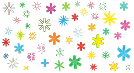Colorful starbursts and sparkles on a black background