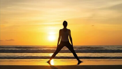 Silhouette of a woman doing yoga on the beach at sunset, with the sun setting over the ocean