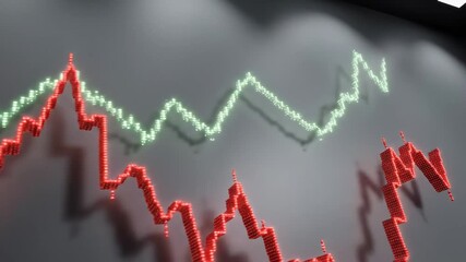 Digital graph showing fluctuating lines in red and green against a dark gray background with subtle light reflections The visual displays an upward trend alongside a downward motion over several secon - Powered by Adobe