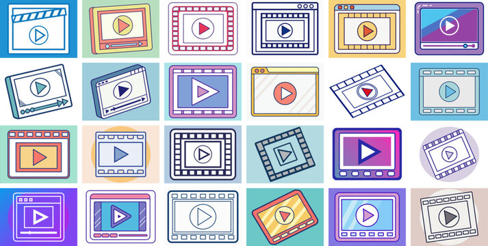 Colorful play button inside multiple filmstrip frames — minimalist vector icon set symbolizing video, media content, movie editing, film production, and digital streaming platform graphics