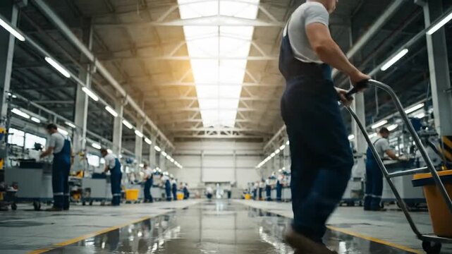 Maintenance crew cleaning factory floor with mop cart ensuring safety and efficiency in manufacturing plant operations for workplace compliance - Powered by Adobe