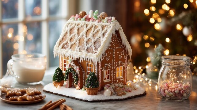 A beautifully crafted gingerbread house sits on a table adorned with colorful candies and icing. Nearby are cookies and a glass of milk creating a cozy holiday scene.
