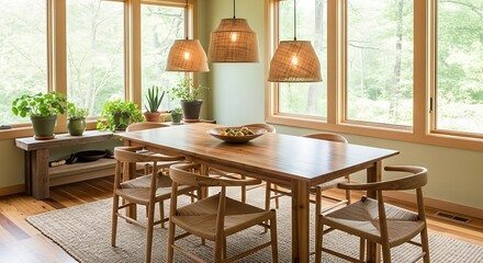 Bright Dining Room with Wooden Table and Chairs Surrounded by Large Windows.