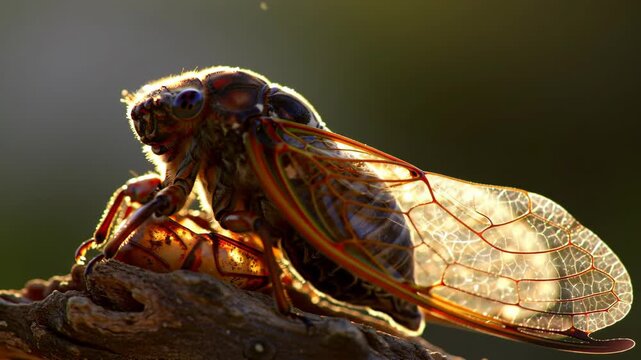 Cicada resting on a branch in golden sunlight close-up