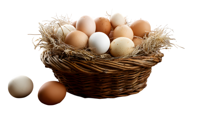 A basket of freshly gathered eggs placed on a rustic wooden table outside a village farmhouse, isolated on a Transparent background