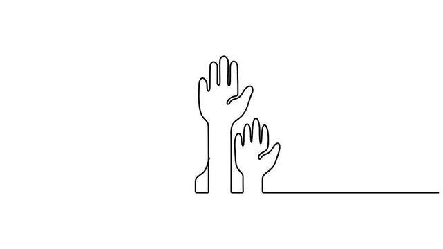 Continuous line art illustration of three hands raised in the air animation video