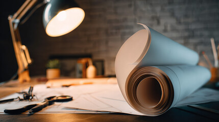 drafting. Architectural blueprint on a drafting table, warm lamp light creating a moody creative workspace atmosphere. real-estate listings.
