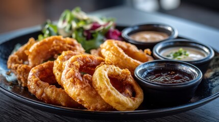 A plate features crispy onion rings alongside a fresh salad and several flavorful dipping sauces. The setting indicates a casual dining experience during lunchtime highlighting appetizing textures.