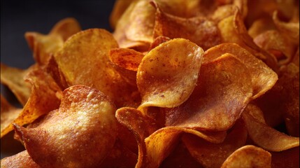 A close up of crispy golden potato chips stacked together highlighting their perfect texture and enticing appearance ideal for sharing during parties or enjoying solo.