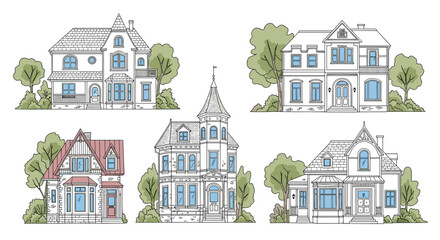 Fototapeta premium Illustrations of various European style residential houses with trees.