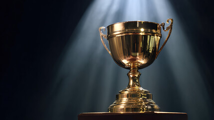 elite. A shining gold trophy on a velvet podium with dramatic spotlight. event key visuals, club posters, designed for fitness apps and gym onboarding, drives event promotion.