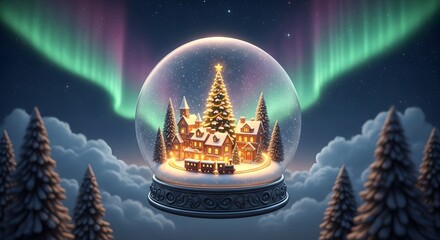 Enchanting Christmas Village Inside Snow Globe with Northern Lights Landscape