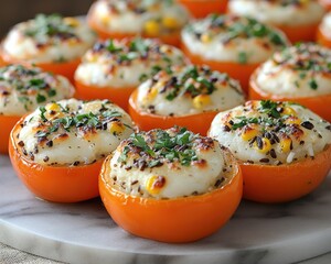 Stuffed orange bell peppers are baked with a cheesy filling and fresh herbs. This food photo is great for recipe blogs, menus, and food-related articles.
