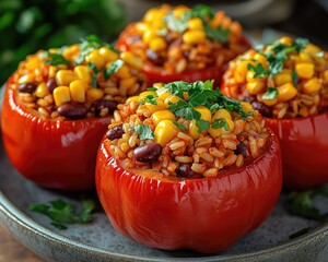 Four red bell peppers are stuffed with rice, beans and corn. Illustrates healthy eating, vegan recipes, and fresh ingredients concepts.