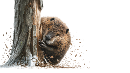 A beaver meticulously gnawing down a large tree, splinters flying, showcasing its engineering prowess in the wild, isolated on a Transparent background