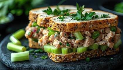 Tuna salad sandwich with celery, parsley, on dark background with grainy bread. Perfect image for healthy recipes, lunches, or food blog advertisements.