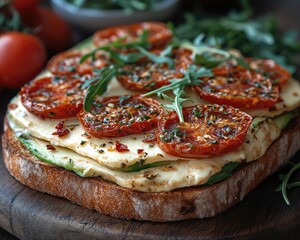 Toast with avocado, cheese, roasted tomatoes, spices, and arugula garnish. Showcase healthy eating, breakfast, brunch, or culinary blog food photography.