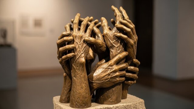 Bronze Hands Sculpture Depicting Unity and Connection Through Artistry and Veined Detail