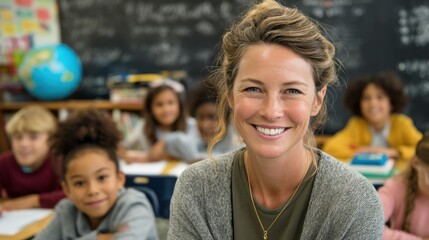 A cheerful teacher interacts with her students in a classroom filled with educational materials. The children appear attentive and eager to learn as they participate in activities.