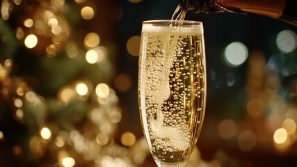 Closeup of champagne flute filling with sparkling wine and rising bubbles, glowing golden holiday lights softly blurred behind