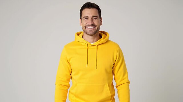 Smiling Man in Vibrant Yellow Hoodie Standing Against a Neutral Studio Background Casual Fashion and Positive