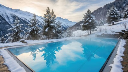 Invigorating outdoor thermal pool nestled in a pristine snowy mountain landscape, offering a serene winter escape amidst majestic alpine beauty