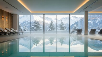 Luxurious indoor swimming pool bathed in natural light, offering a tranquil escape with spectacular panoramic views of a pristine snow-covered alpine mountain range