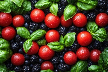 Close-up shows tomatoes, blackberries, blueberries, & basil leaves. Great for food blogs or recipes featuring fresh, healthy ingredients.