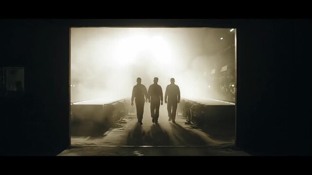 Mysterious silhouettes of three men walking toward the light, cinematic dramatic scene, leadership, teamwork, brotherhood, hope, ambition, and determination