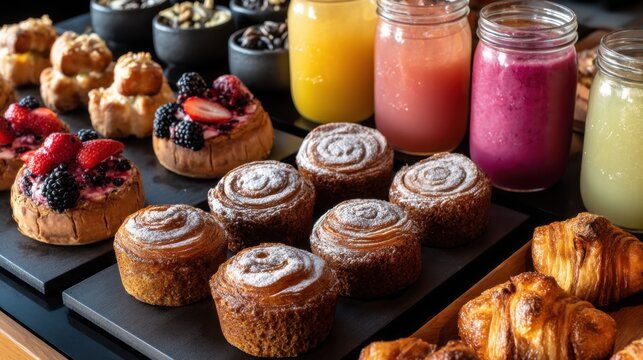 A tempting variety of pastries and baked goods sits on a table. Sweet treats include fruit tarts cinnamon rolls and croissants alongside colorful refreshing beverages in jars.