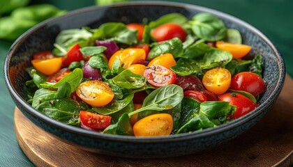 Fresh salad with spinach and cherry tomatoes served in a bowl. Use this image for healthy eating or vegetarian recipe concept.