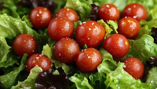 Fresh salad with green lettuce and cherry tomatoes with salt seasoning. Use for healthy eating campaigns, restaurants, or food blogs illustrations. - Powered by Adobe