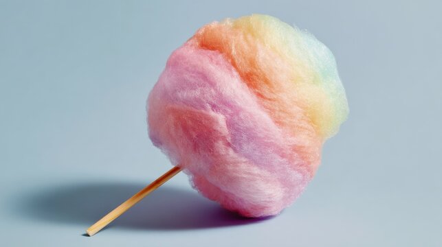 A fluffy treat of cotton candy sits on a wooden stick showcasing delightful pastel colors of pink blue and yellow. This sweet snack is often found at fairs and festivals. - Powered by Adobe