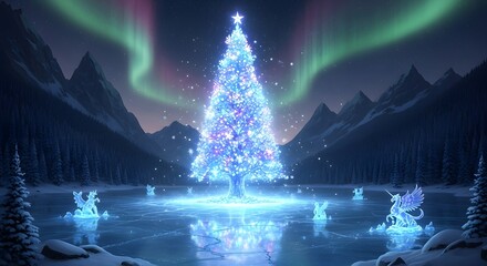 Enchanted Christmas Tree on a Frozen Lake Under the Northern Lights A Festive Winter Wonderland