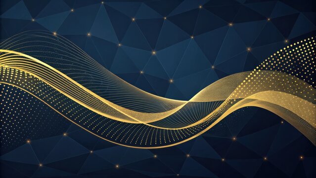Elegant golden wave pattern on a deep blue background with geometric shapes and glowing dots for creative design projects