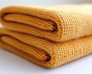 A cozy, mustard yellow knitted blanket is neatly folded on the surface. Use this image to evoke warmth, comfort, and relaxation.